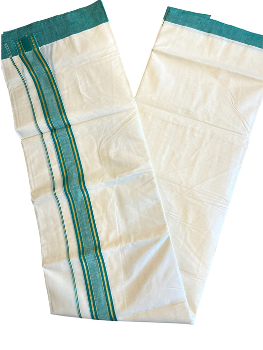 Southloom Pure Cotton Off White Double Mundu with Gold Kasavu And Green Border(South Indian Kerala Dhoti)