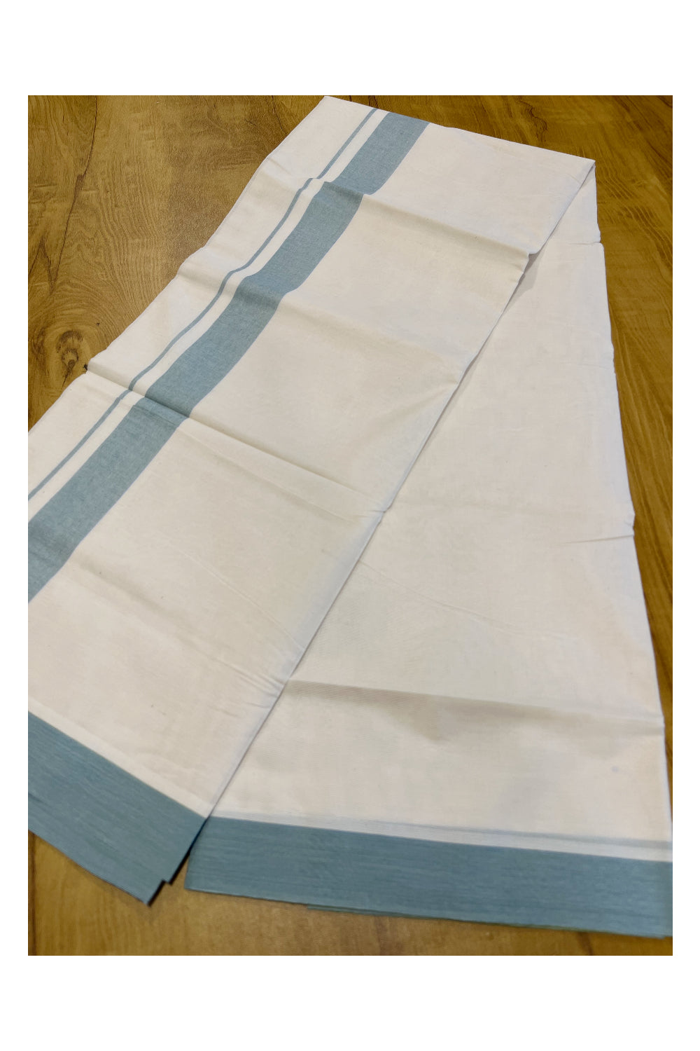Pure Cotton Mundu with Blue Lines and Grey Border (South Indian Kerala Dhoti)
