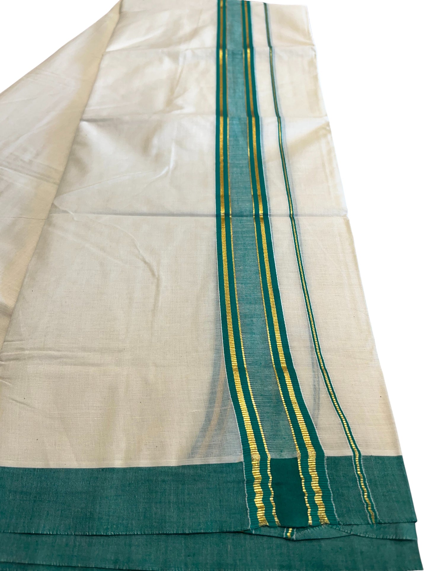 Southloom Pure Cotton Off White Double Mundu with Gold Kasavu And Green Border(South Indian Kerala Dhoti)