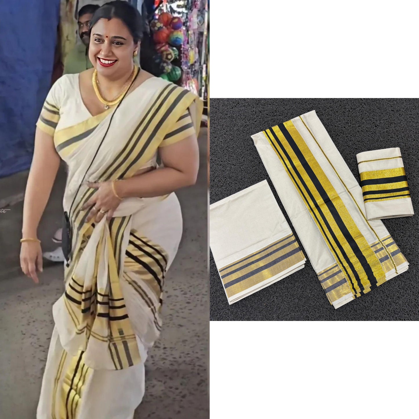 Kerala Cotton Mundum Neriyathum Single (Set Mundu) with Black and Kasavu Border (2.80 M Neriyathu)