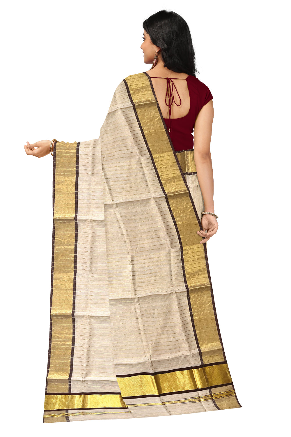 Southloom™ Premium Handloom Tissue Saree with Kasavu Lines Designs Across Body and Dark Brown Border