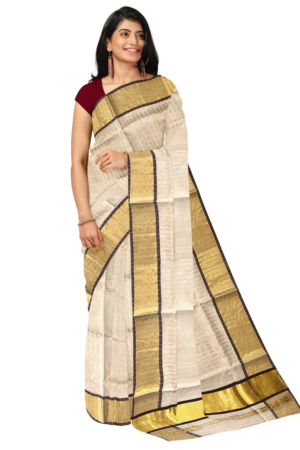 Southloom™ Premium Handloom Tissue Saree with Kasavu Lines Designs Across Body and Dark Brown Border