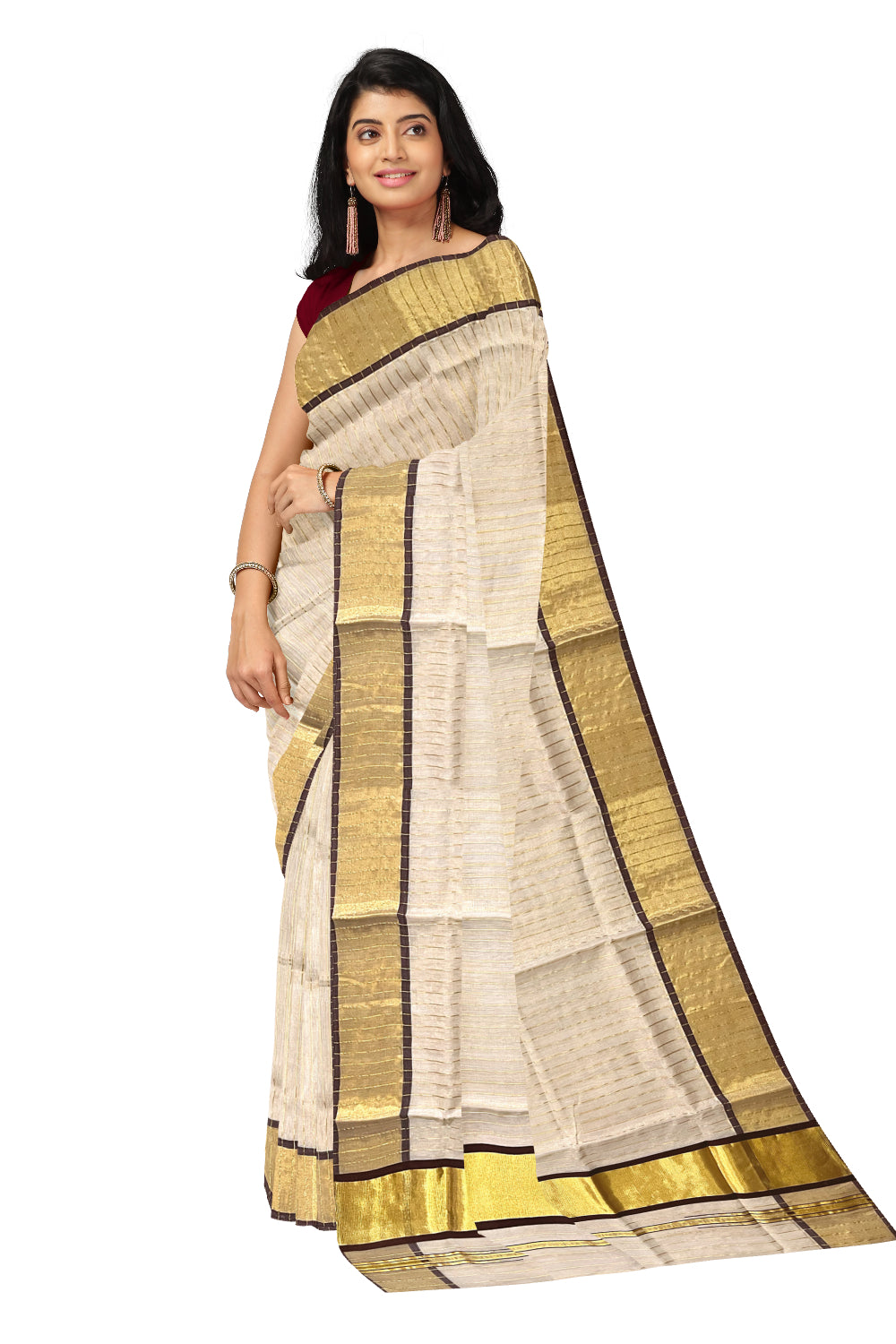 Southloom™ Premium Handloom Tissue Saree with Kasavu Lines Designs Across Body and Dark Brown Border