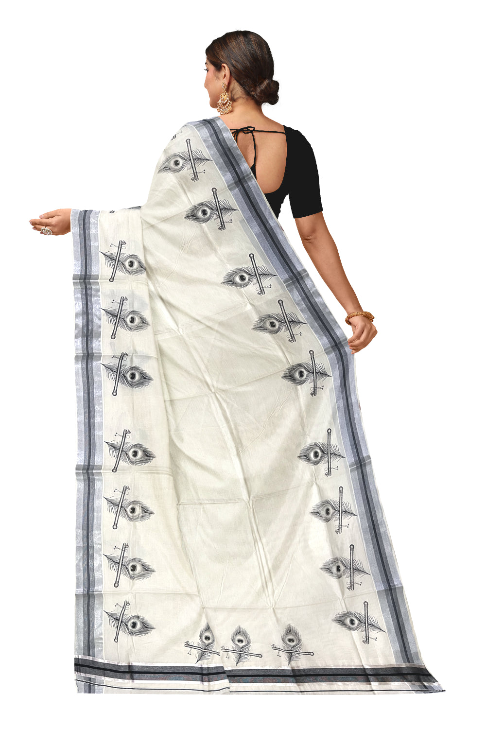 Pure Cotton Kerala Silver Kasavu Saree with Feather Mural Prints and Black Border (Onam Saree 2023)