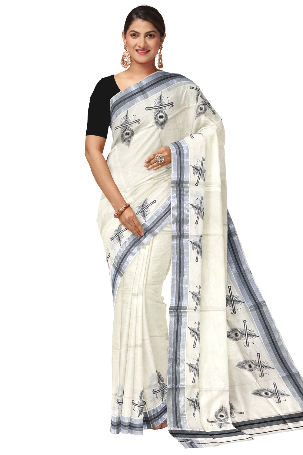 Pure Cotton Kerala Silver Kasavu Saree with Feather Mural Prints and Black Border (Onam Saree 2023)