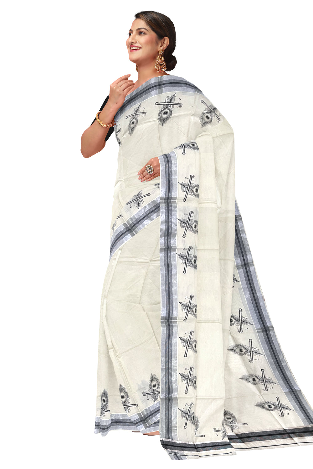 Pure Cotton Kerala Silver Kasavu Saree with Feather Mural Prints and Black Border (Onam Saree 2023)