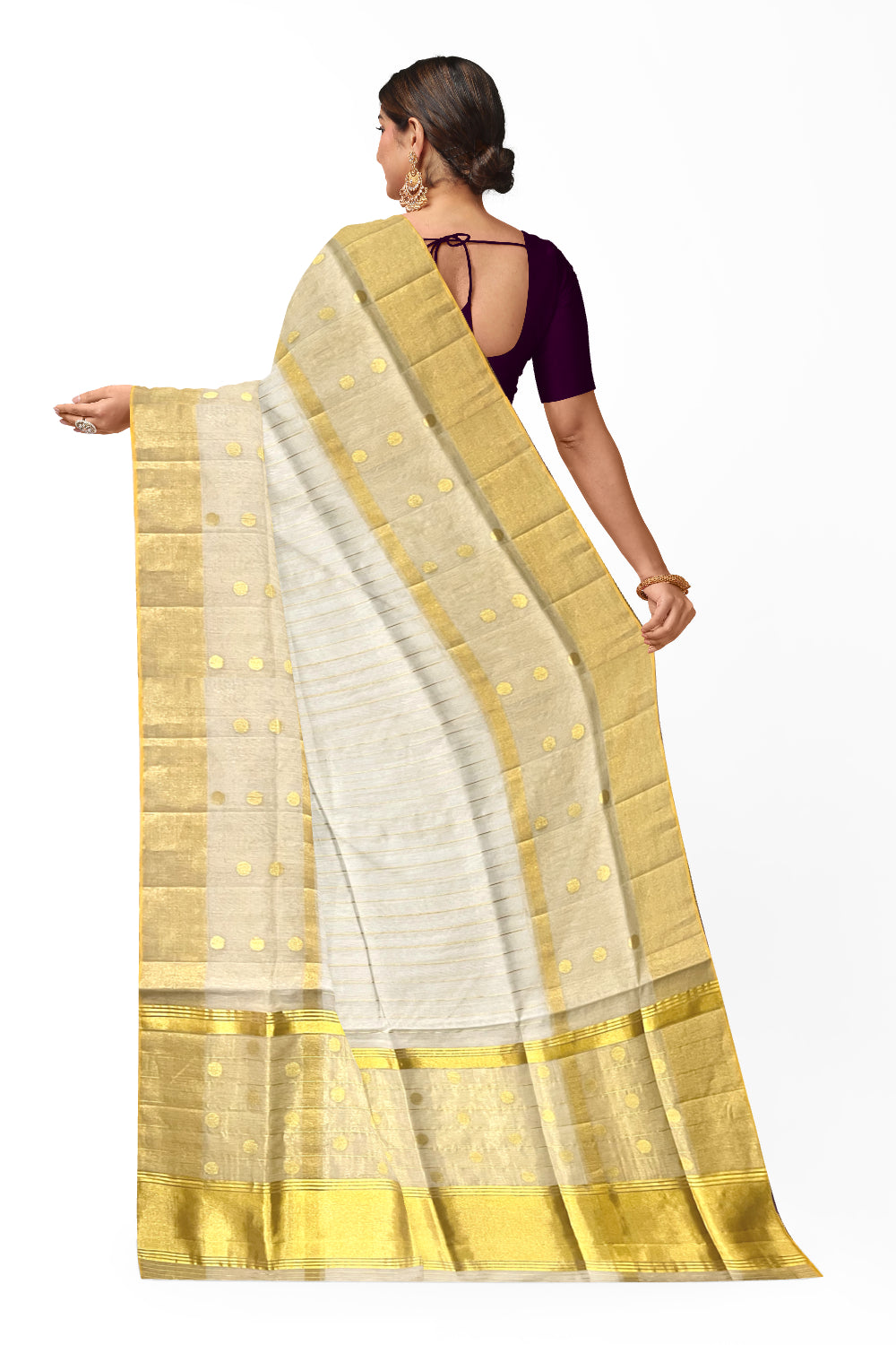 Southloom™ Premium Balaramapuram Handloom Cotton Saree with Kasavu Lines Across Body and Polka Designs on Border