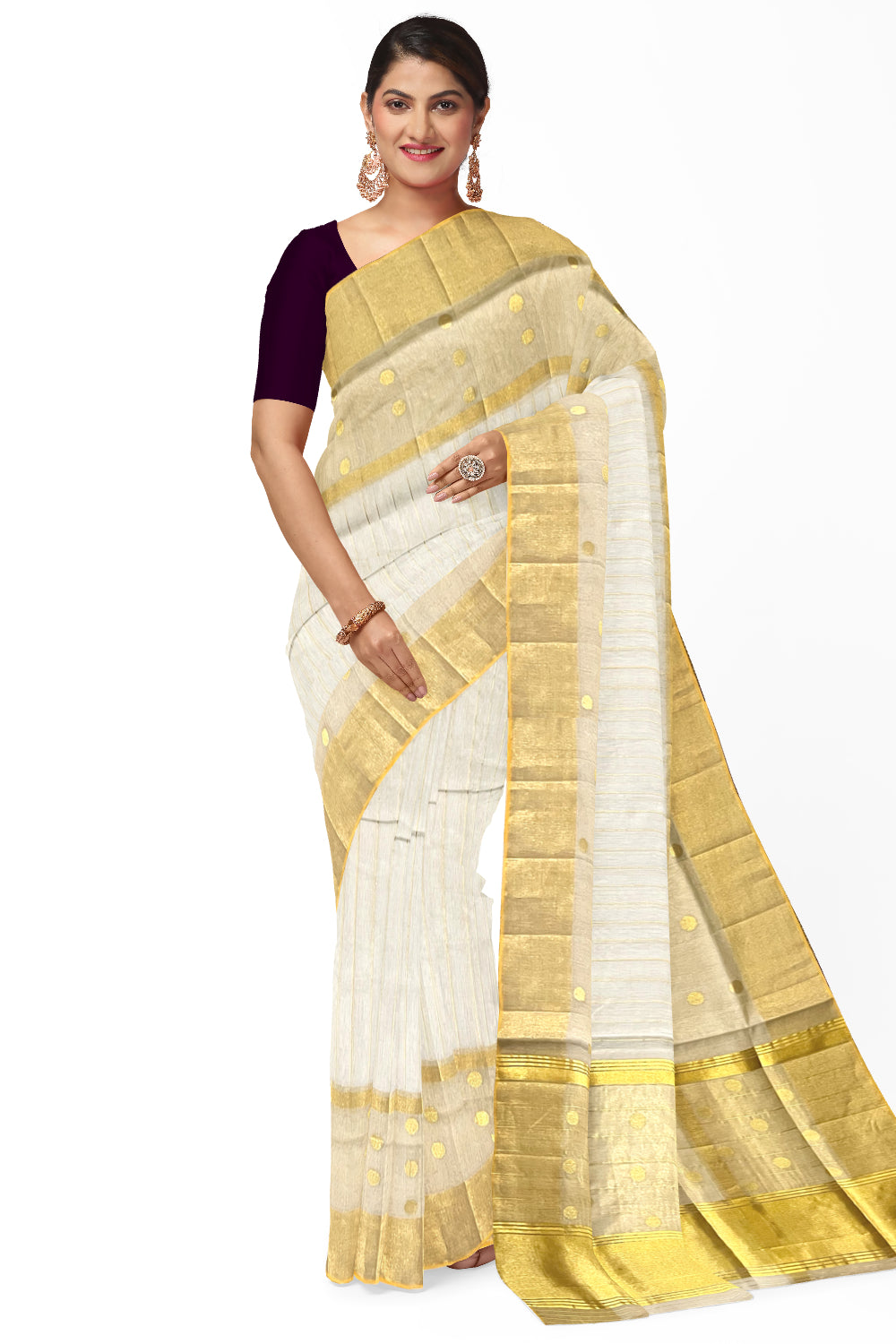 Southloom™ Premium Balaramapuram Handloom Cotton Saree with Kasavu Lines Across Body and Polka Designs on Border