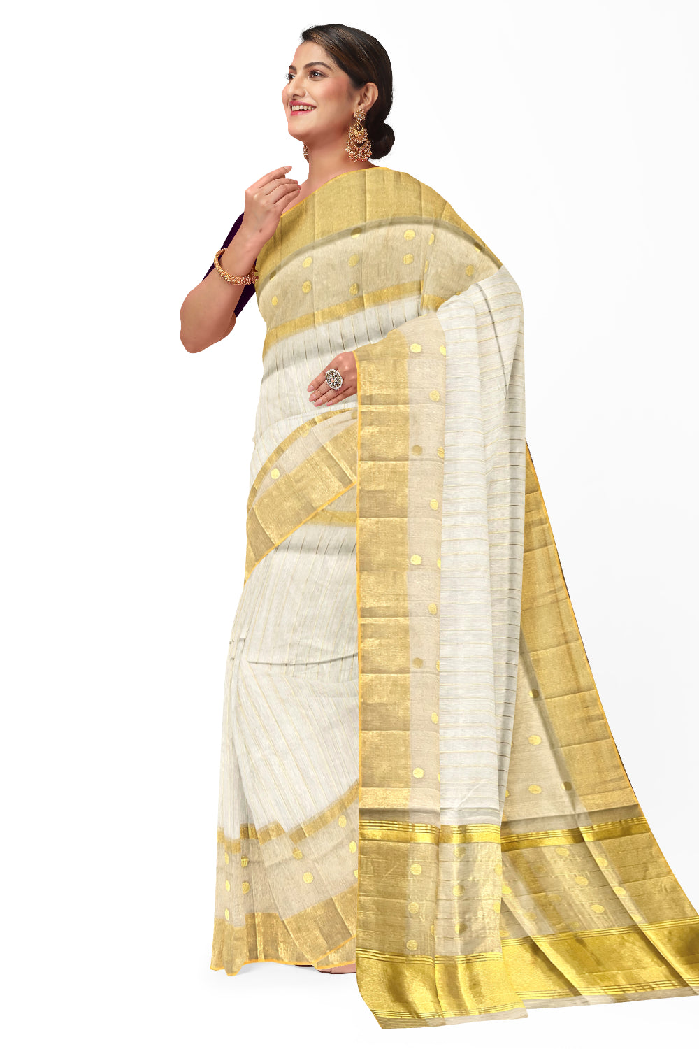 Southloom™ Premium Balaramapuram Handloom Cotton Saree with Kasavu Lines Across Body and Polka Designs on Border