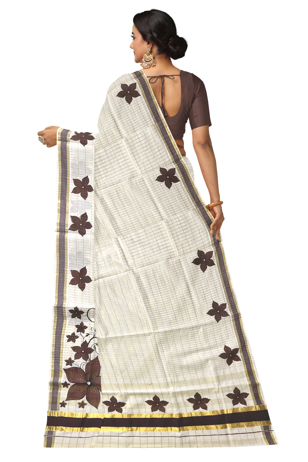 Pure Cotton Kerala Saree with Kasavu Checks and Floral Block Prints on Brown Border