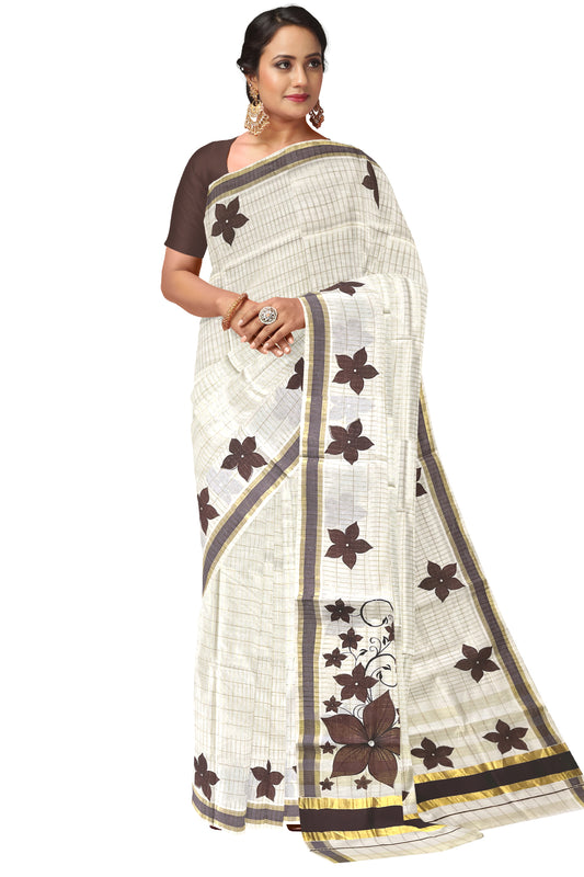 Pure Cotton Kerala Saree with Kasavu Checks and Floral Block Prints on Brown Border