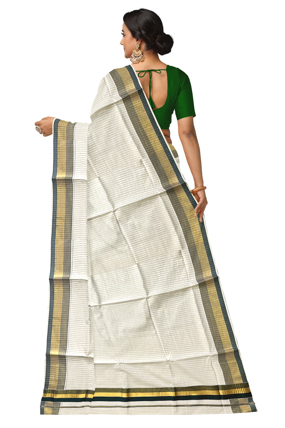 Pure Cotton Kerala Kasavu Lines Design Saree with Dark Green Border