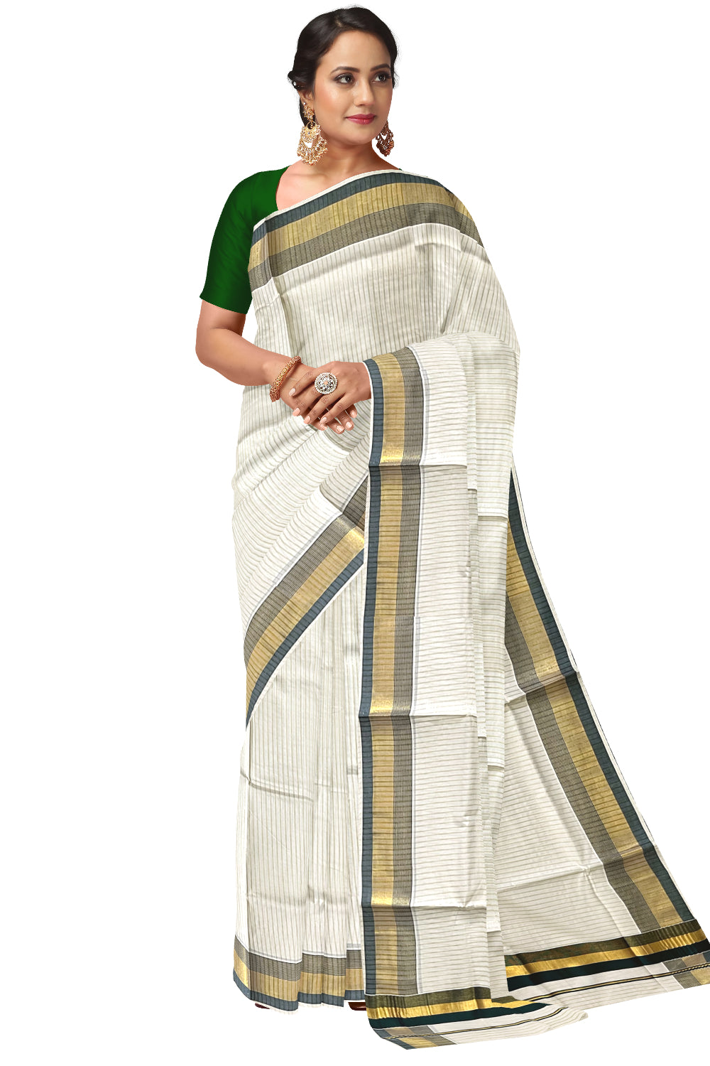 Pure Cotton Kerala Kasavu Lines Design Saree with Dark Green Border