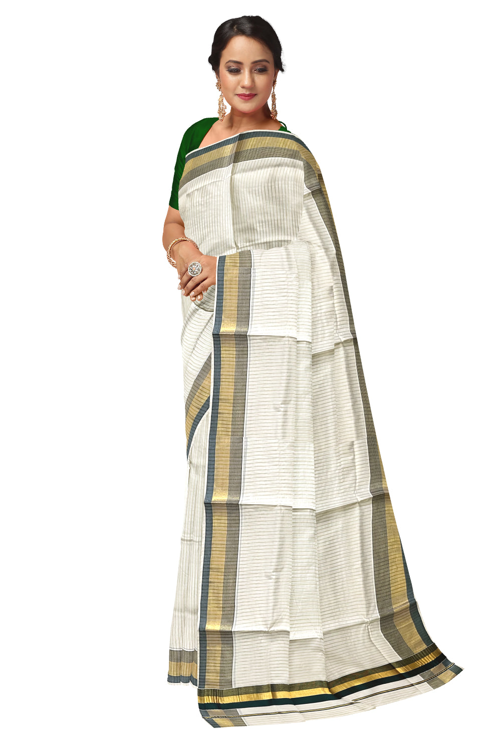 Pure Cotton Kerala Kasavu Lines Design Saree with Dark Green Border