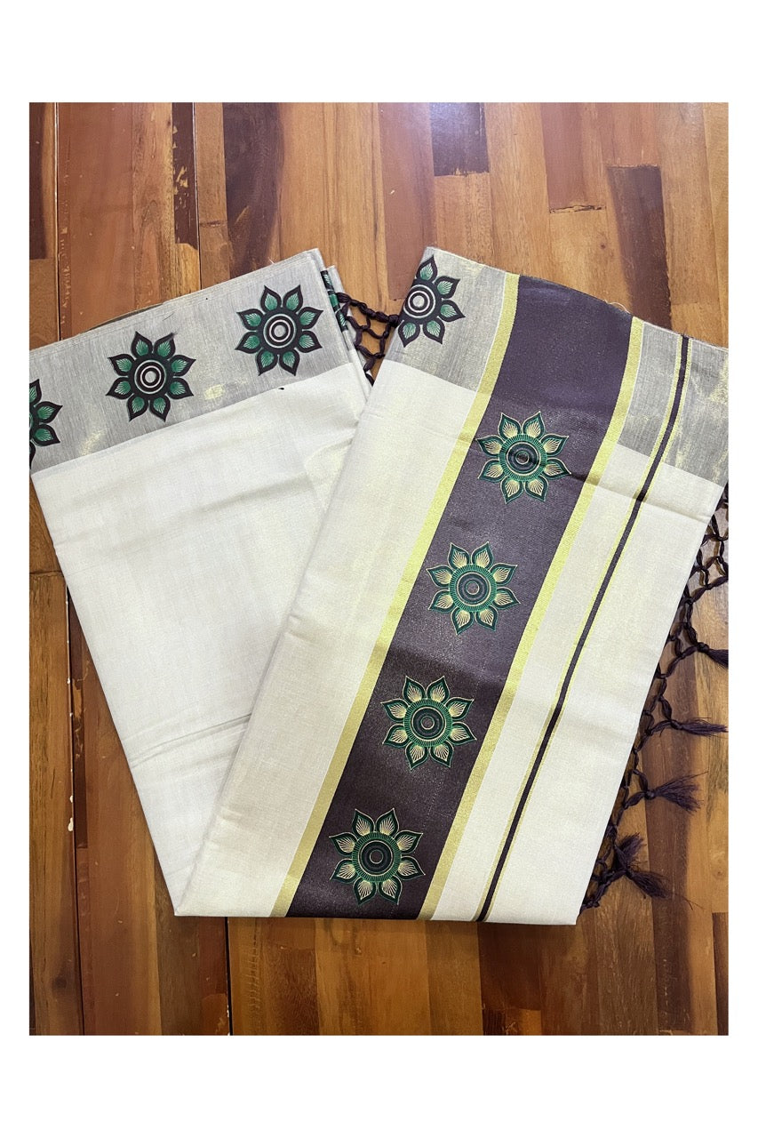 Kerala Tissue Kasavu Saree with Floral Block Prints in Brown Border