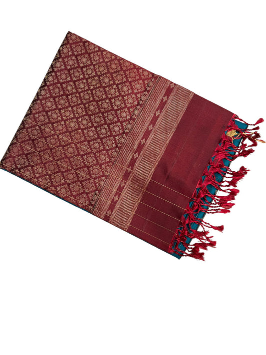 Southloom Pure Handloom Bridal Kanchipuram Silk Saree with Korvai Work (Maroon & Blue)