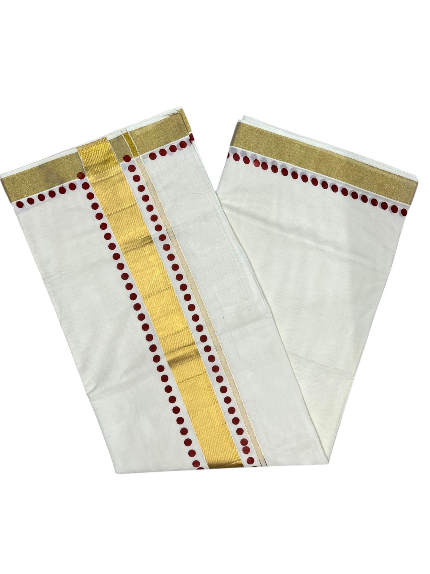 Southloom Cotton Kerala Kasavu Saree with Maroon Polk Dots Design Border