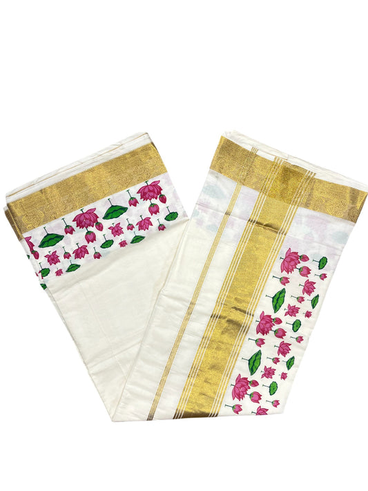 Southloom Cotton Kasavu Saree with Lotus Hanpainted Designs