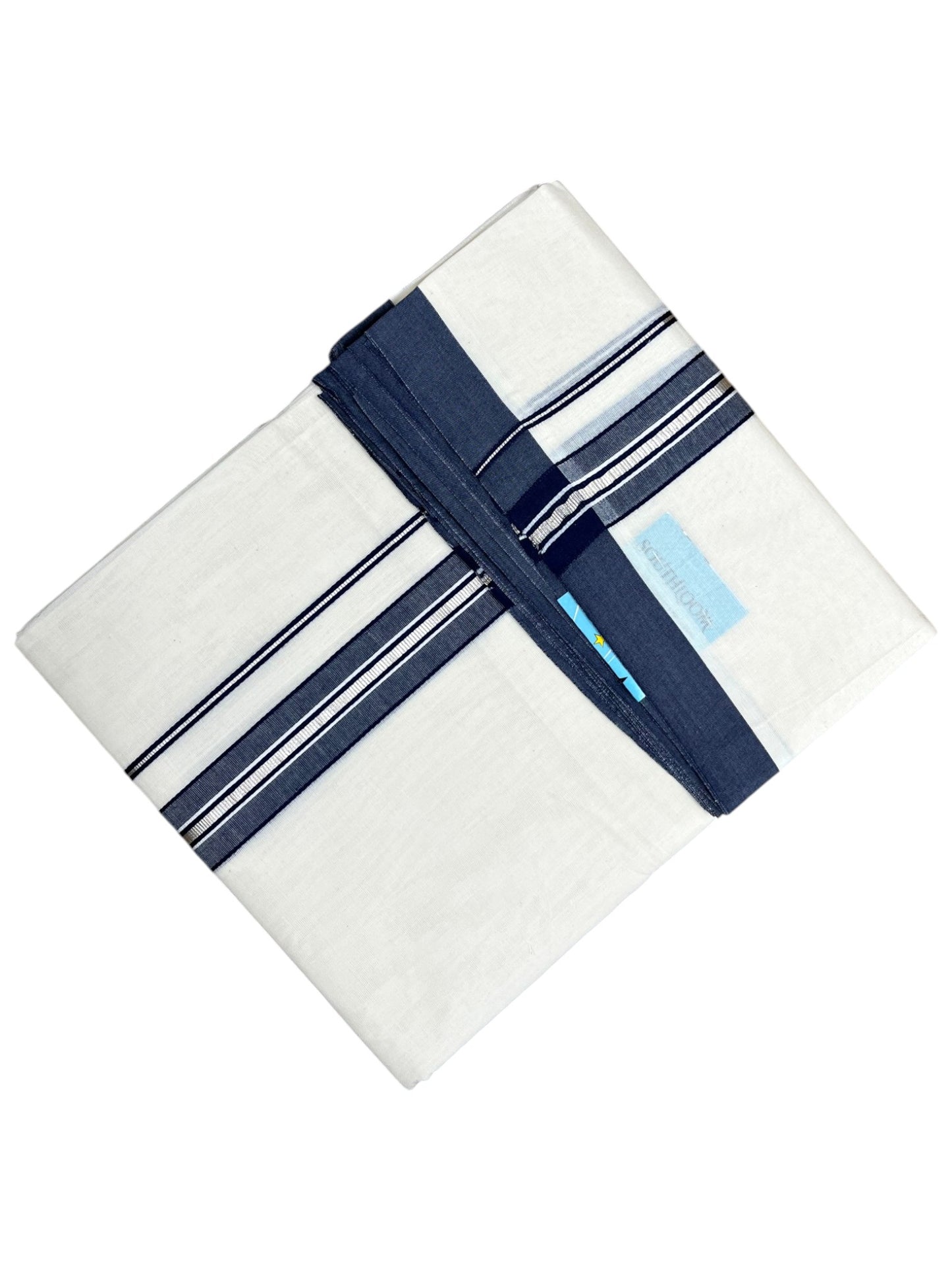Southloom Pure Cotton Mundu with Silver Lines and Blue Border (South Indian Kerala Dhoti)