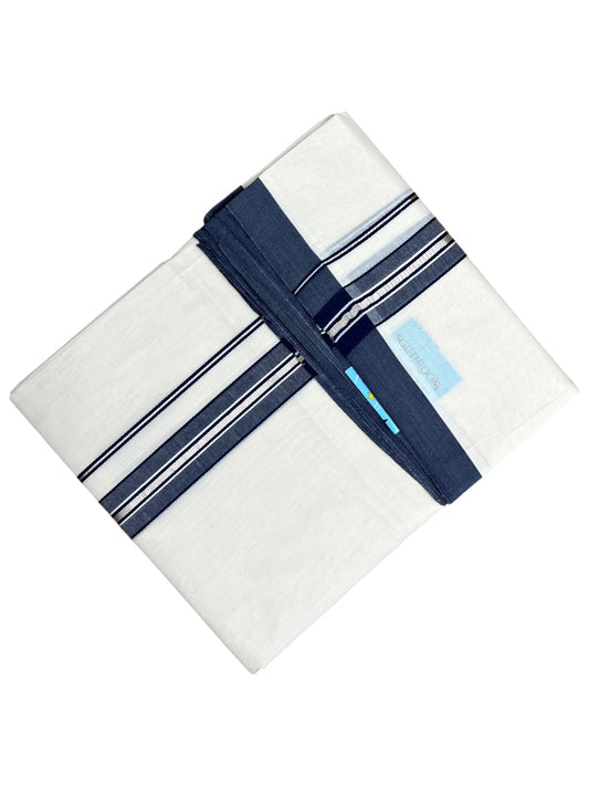 Southloom Pure Cotton Mundu with Silver Lines and Blue Border (South Indian Kerala Dhoti)