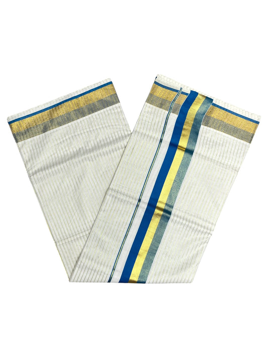 Southloom Pure Cotton Kerala Saree with Gold Kasavu Lines Across Body and Blue Border