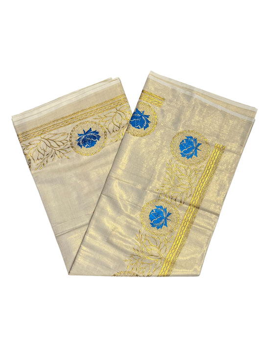 Southloom Tissue Kerala Kasavu Saree with Blue Floral Print on Border