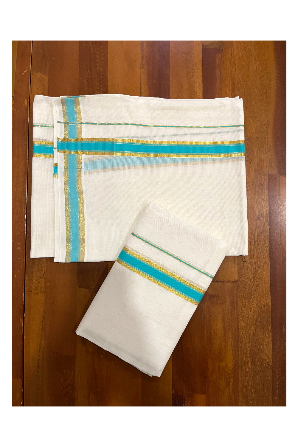 Kerala Cotton Mundum Neriyathum Single (Set Mundu) with Kasavu and Turquoise Border (Onam Set Mundu 2023)