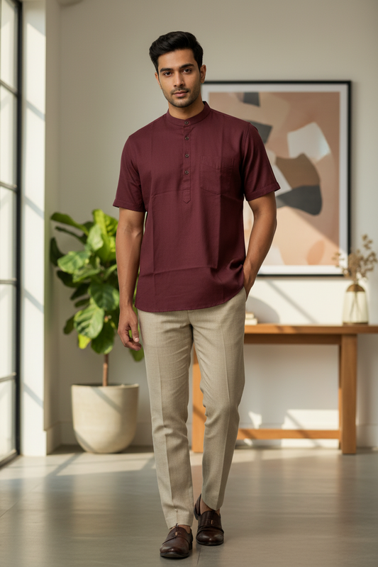 Southloom Maroon Short Cotton Kurta Shirt for Men