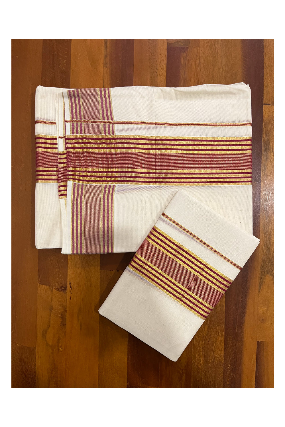 Pure Cotton Mundum Neriyathum Double (Set Mundu) with Maroon and Kasavu Border 2.80 Mtrs