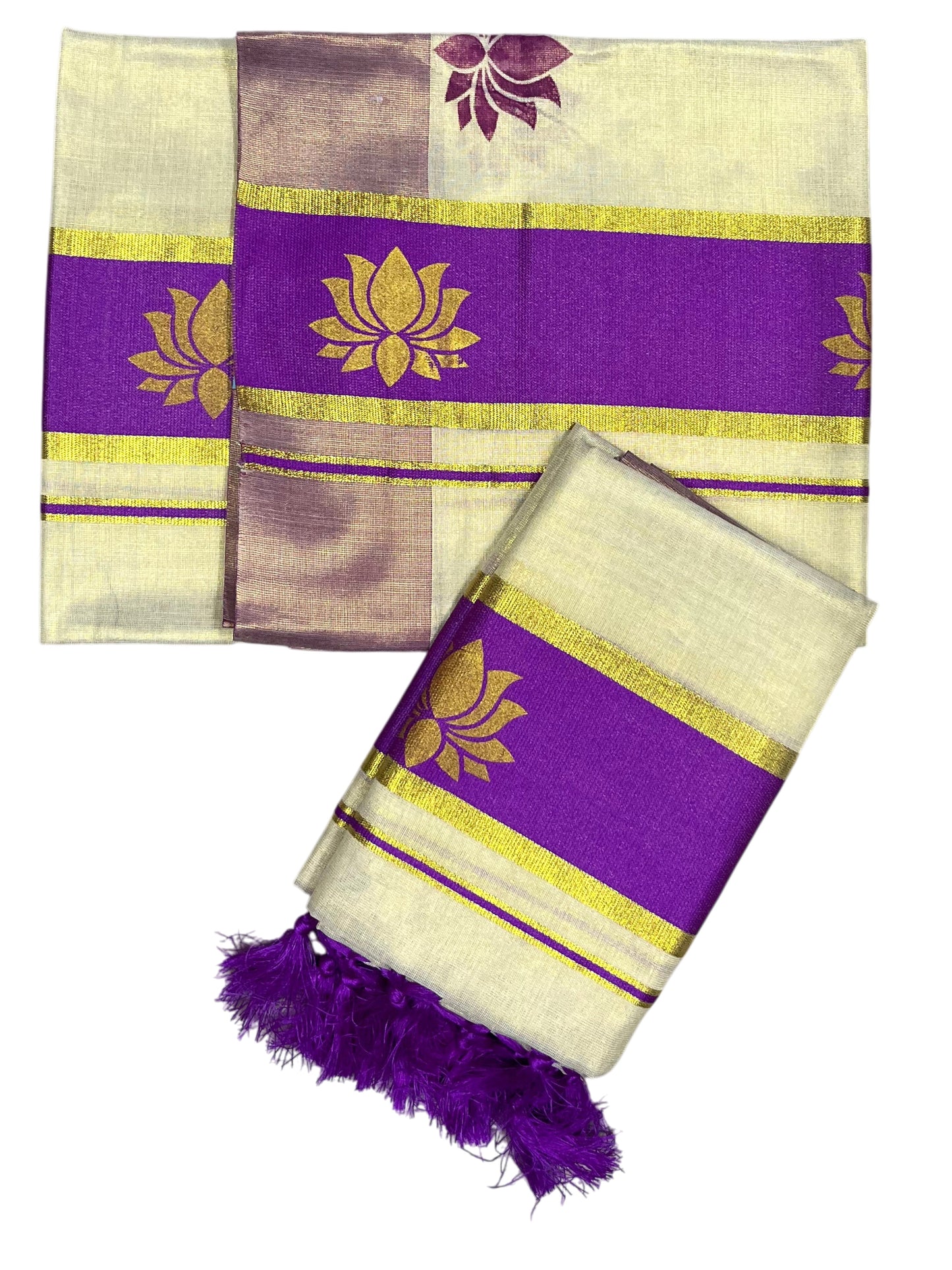 Southloom Kerala Cotton Kasavu Single Set Mundu (Mundum Neriyathum) with Lotus Design in Magenta