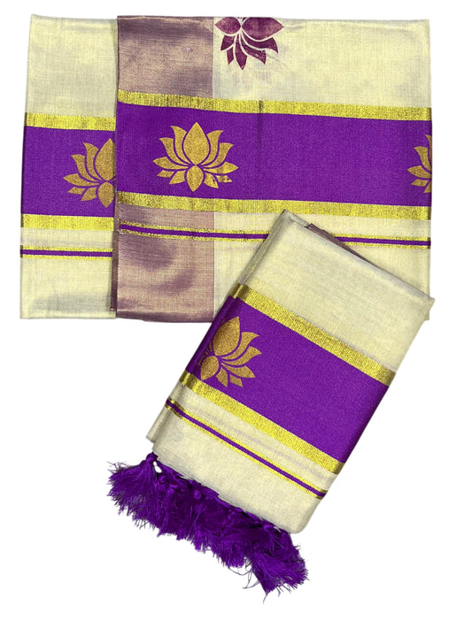 Southloom Kerala Cotton Kasavu Single Set Mundu (Mundum Neriyathum) with Lotus Design in Magenta SL546