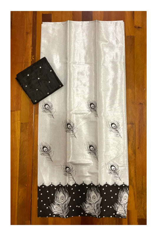 Kerala Silver Tissue Block Printed Pavada and Black Blouse Material for Kids 3 Meters