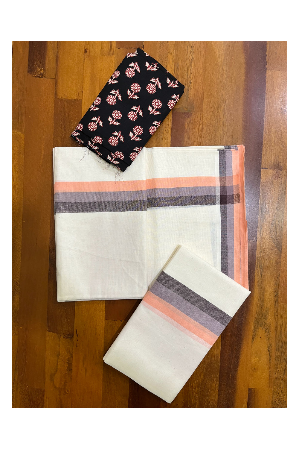 Southloom Mulloth Soft Cotton Brown Grey Peach Border Set Mundu with Jaipur Printed Blouse Piece (2.60 M Neriyathu / Blouse 1 Meter)