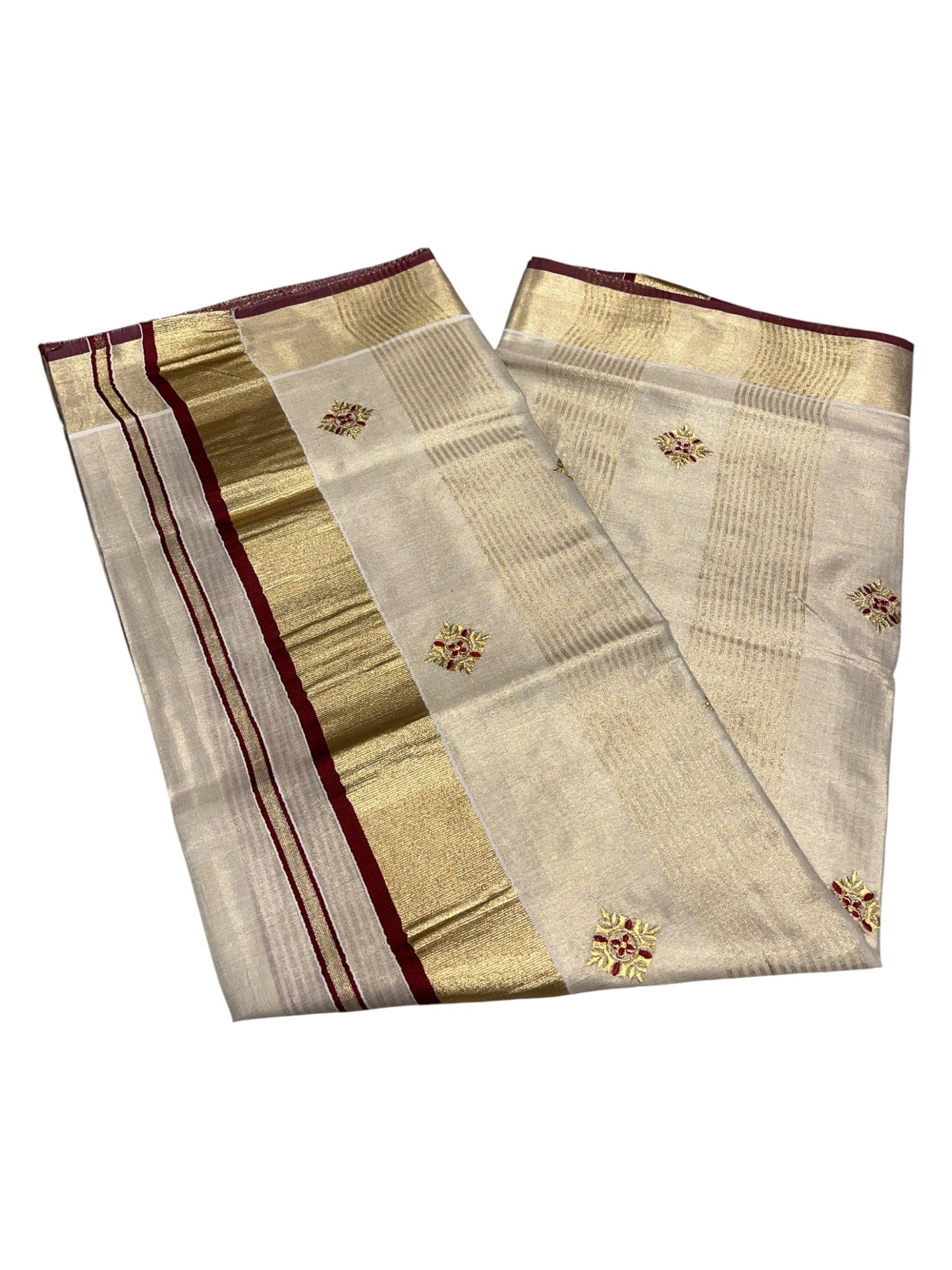 Kerala Tissue Kasavu Lines Saree with Golden And Maroon Embroidery Works