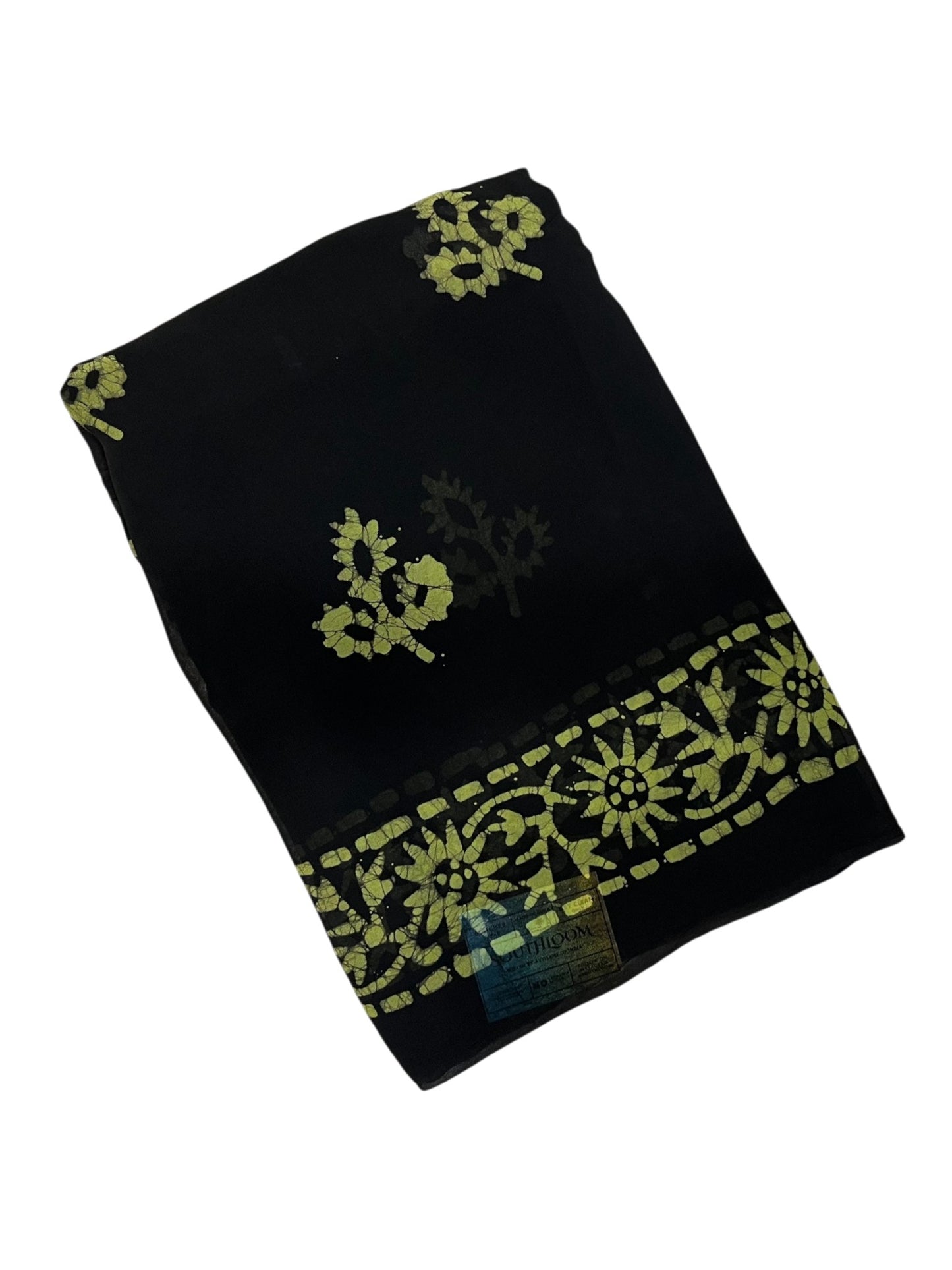 Southloom Georgette Saree with Floral Works Across Body in Black and Green