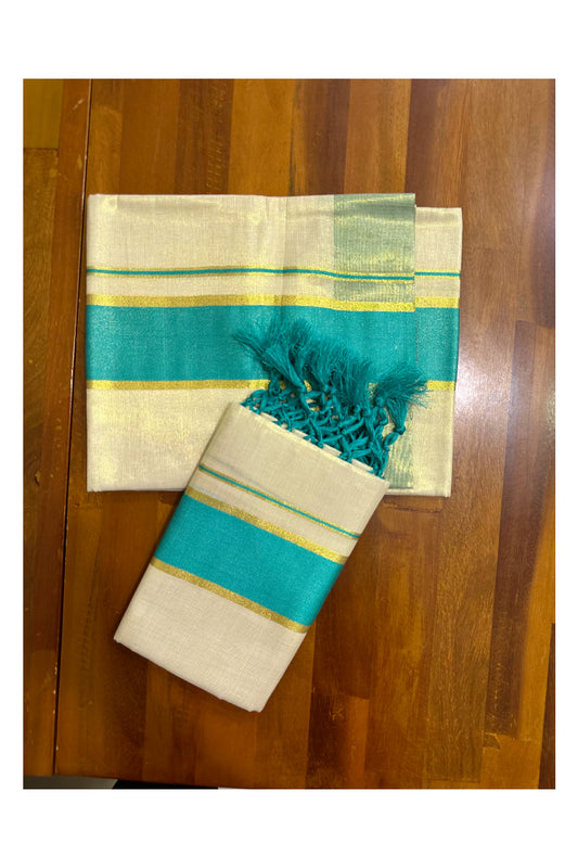 Kerala Tissue Kasavu Set Mundu (Mundum Neriyathum) with Turquoise Border Tassels on Pallu 2.80 Mtrs (Vishu 2024 Collection)