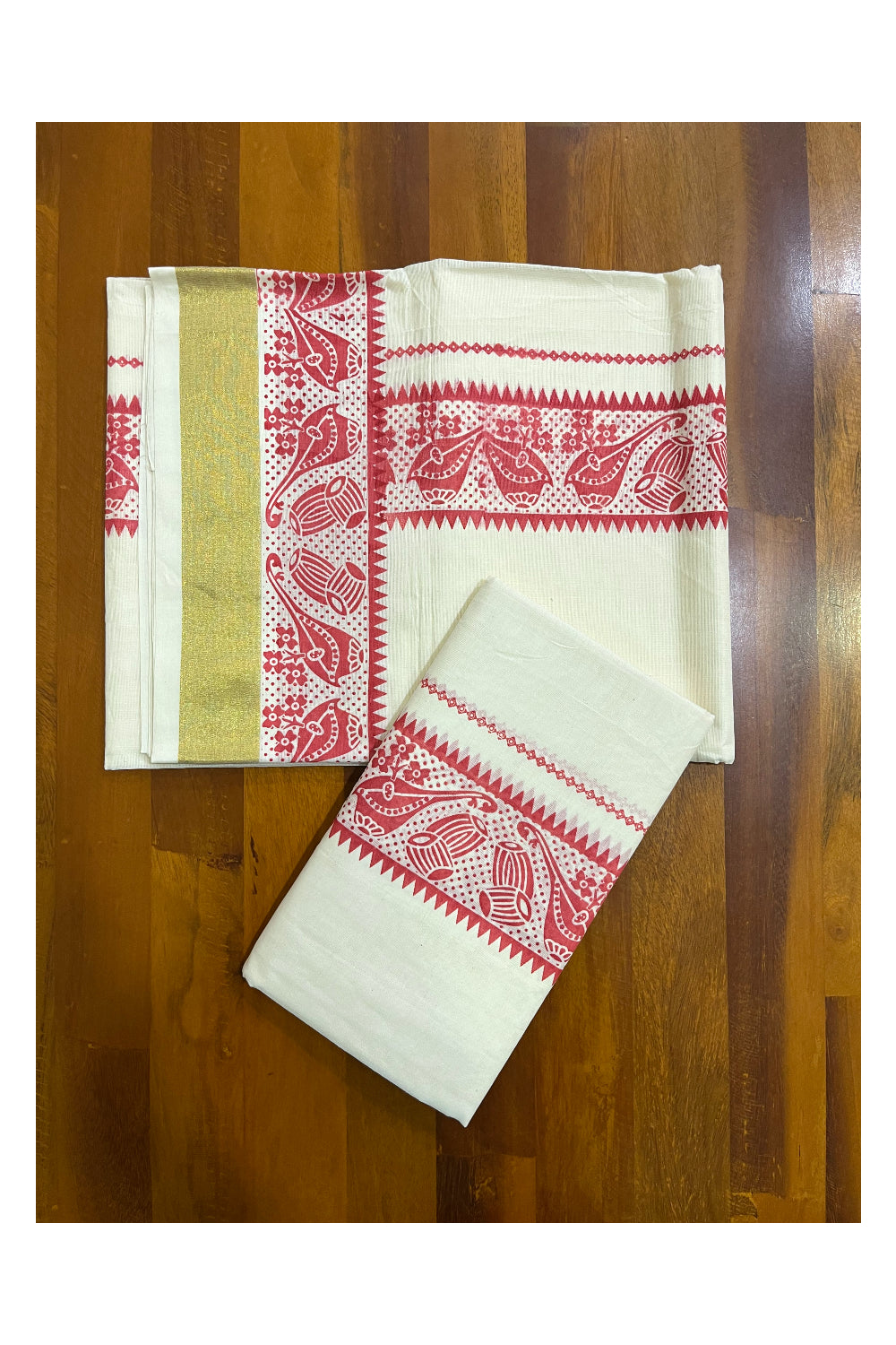 Kerala Cotton Single Set Mundu (Mundum Neriyathum) with Red Block Prints and Kasavu Border - 2.80Mtrs