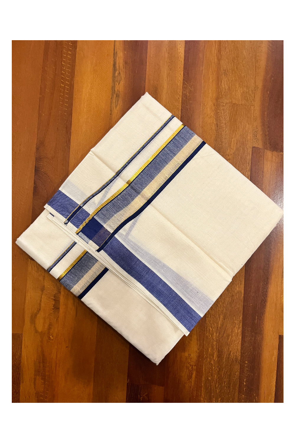 Kerala Pure Cotton Double Mundu with Blue and Kasavu Border (South Indian Kerala Dhoti)