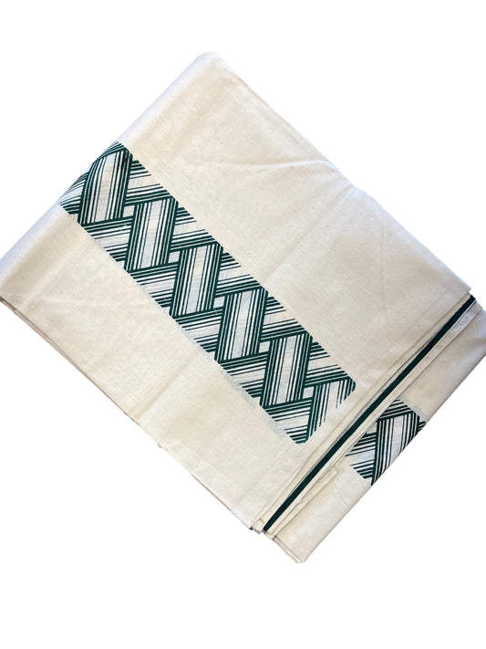 Southloom Pure Cotton Double Mundu with Block Prints on Green Kara (South Indian Kerala Dhoti)