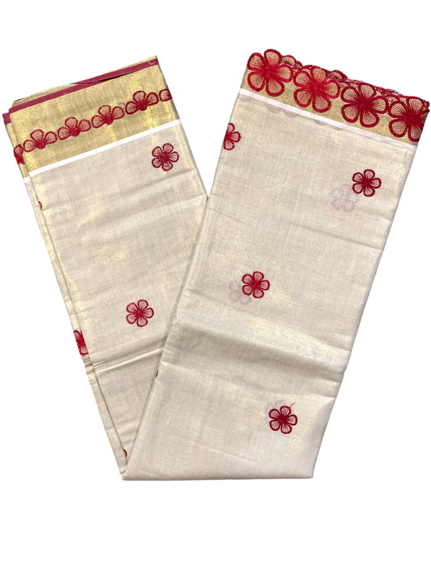 Southloom Kerala Tissue Kasavu Saree with Red Floral Embroidery on Body and Border