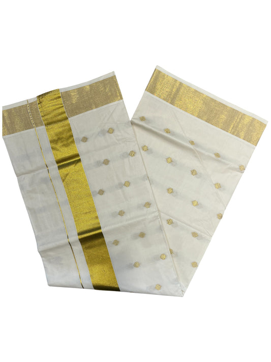 Kerala Cotton Kasavu Plain Saree with Gold Polka with Embroidery Works