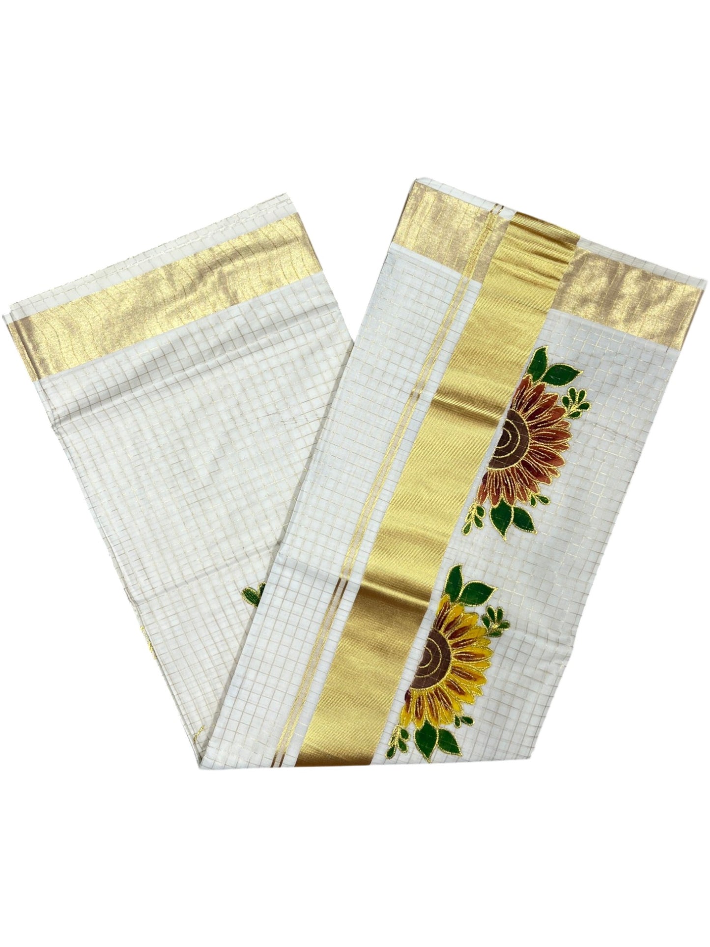 Southloom Cotton Kerala Kasavu Check Saree with Floral Handpainted and Embroidery Work on Body