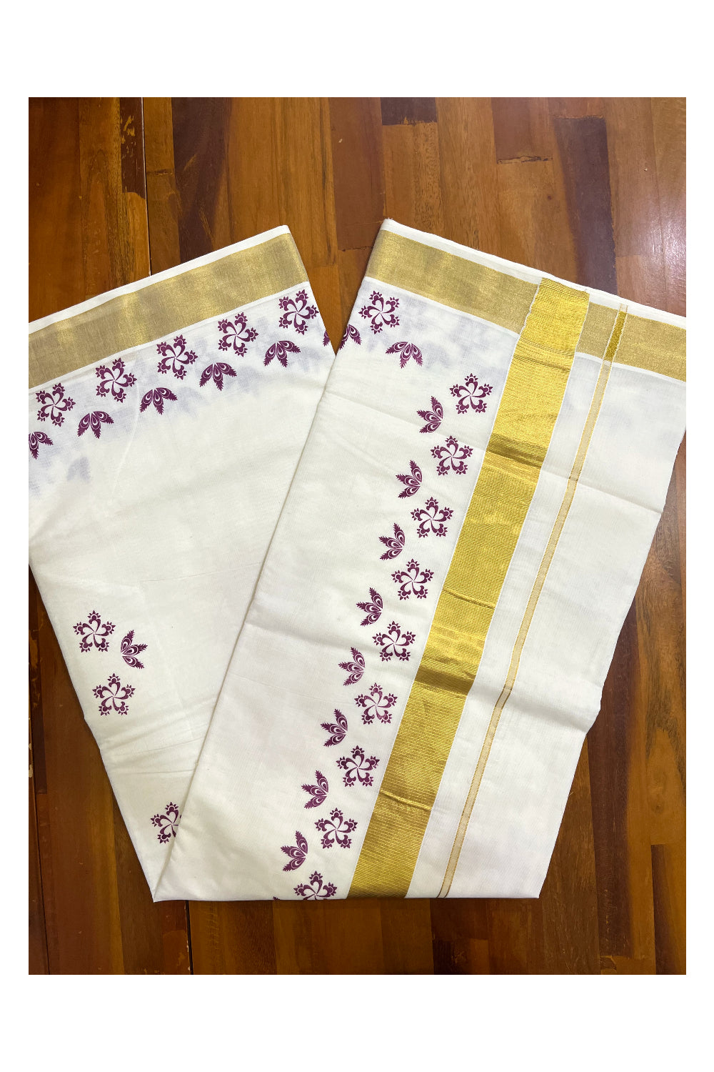 Pure Cotton Kerala Kasavu Saree with Purple Block Prints and Kasavu Border