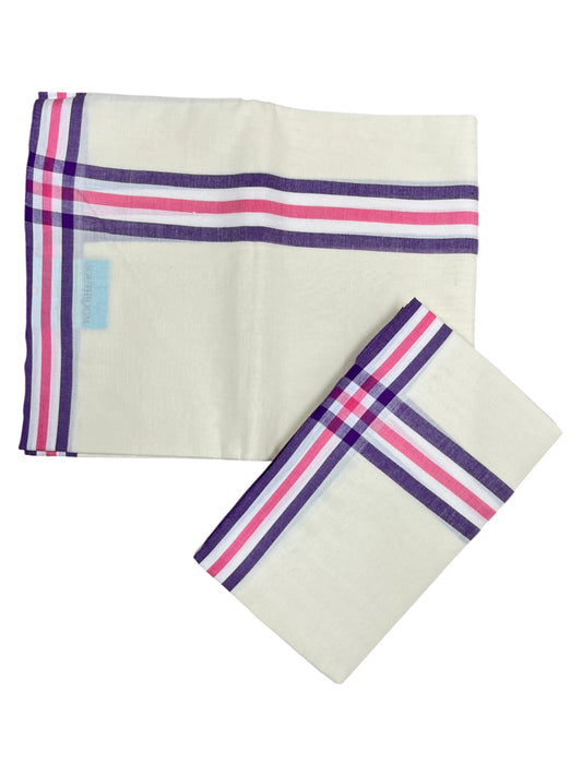Southloom Pure Cotton Kerala Single Mulloth Set Mundu (Mundum Neriyathum) Violet And Pink Border in 2.80 mtrs SL243
