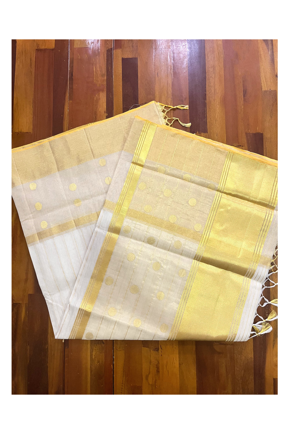 Southloom™ Premium Balaramapuram Handloom Cotton Saree with Kasavu Lines Across Body and Polka Designs on Border