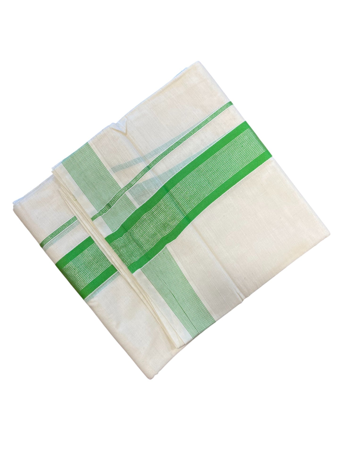 Southloom Kerala Pure Cotton Double Mundu with Silver Lines & Green Border (South Indian Dhoti)