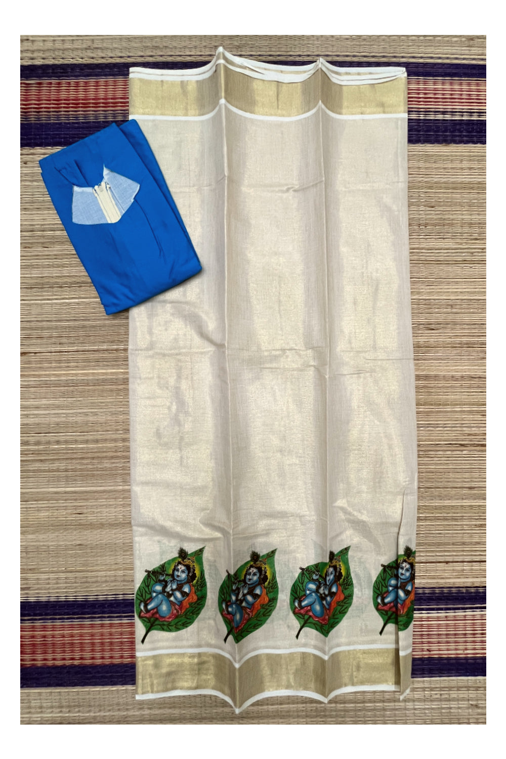 Semi Stitched Pavada Blouse with Tissue Mural Prints and Blue Designs