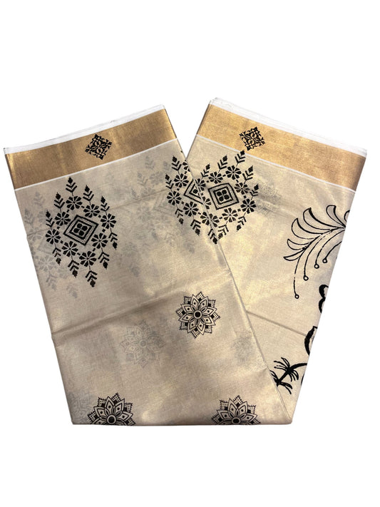 Kerala Tissue Kasavu Saree with Black Floral Block Printed Designs