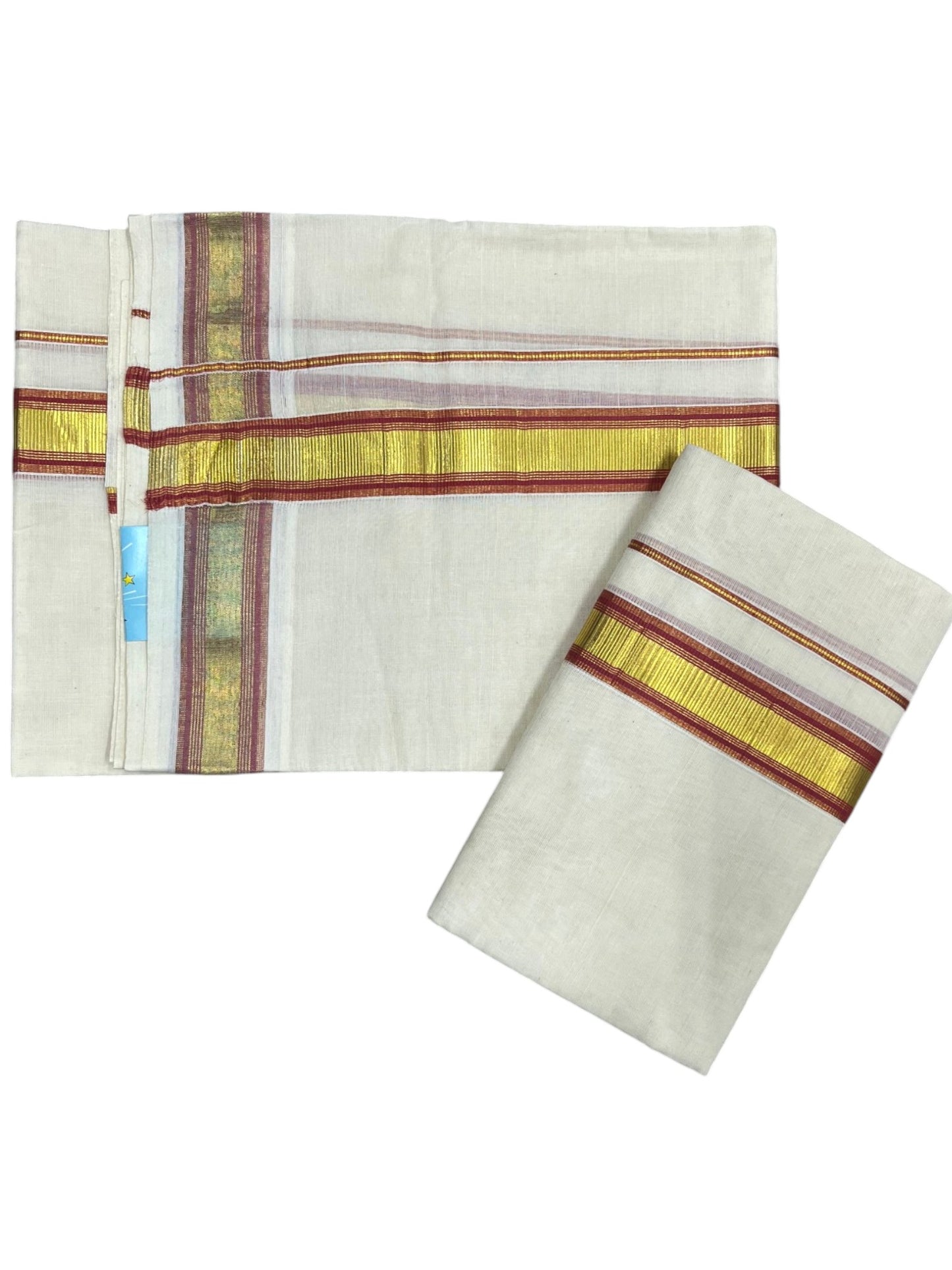 Kerala Cotton Set Mundu (Mundum Neriyathum) with Kasavu and Red Border 2.80 Mtrs SLKK SL470