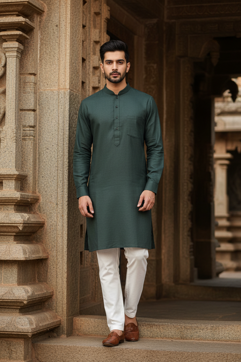 Southloom Green Woven Patterns Semi Silk Short Kurta for Men